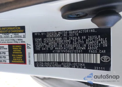 2016 Toyota Camry Se из США, поврежденный, VIN 4T1BF1FK5GU212591